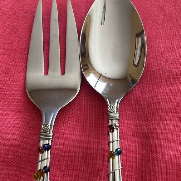 Beaded artisan serving spoon and fork set. - Picture 2 of 8